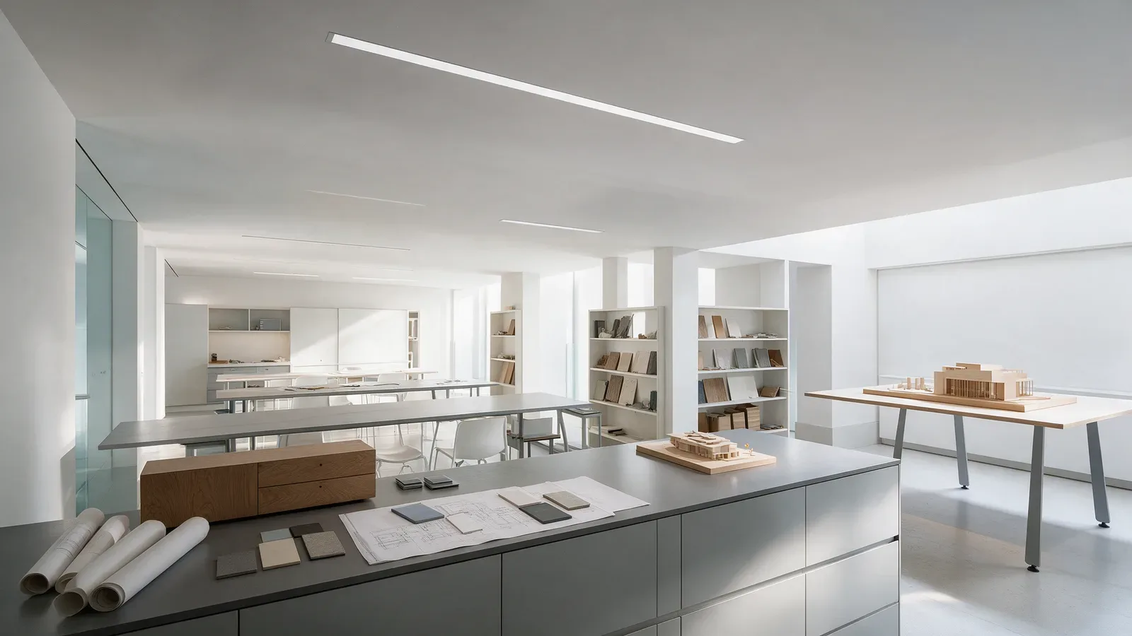 Atelier d’architecture ouvert avec luminaires linéaires blancs encastrés dans le plafond, longues tables et étagères.