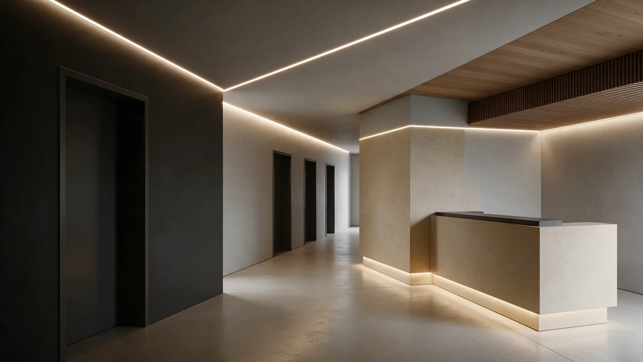 Visualisation architecturale avec éclairage linéaire intégré au plafond et aux murs.