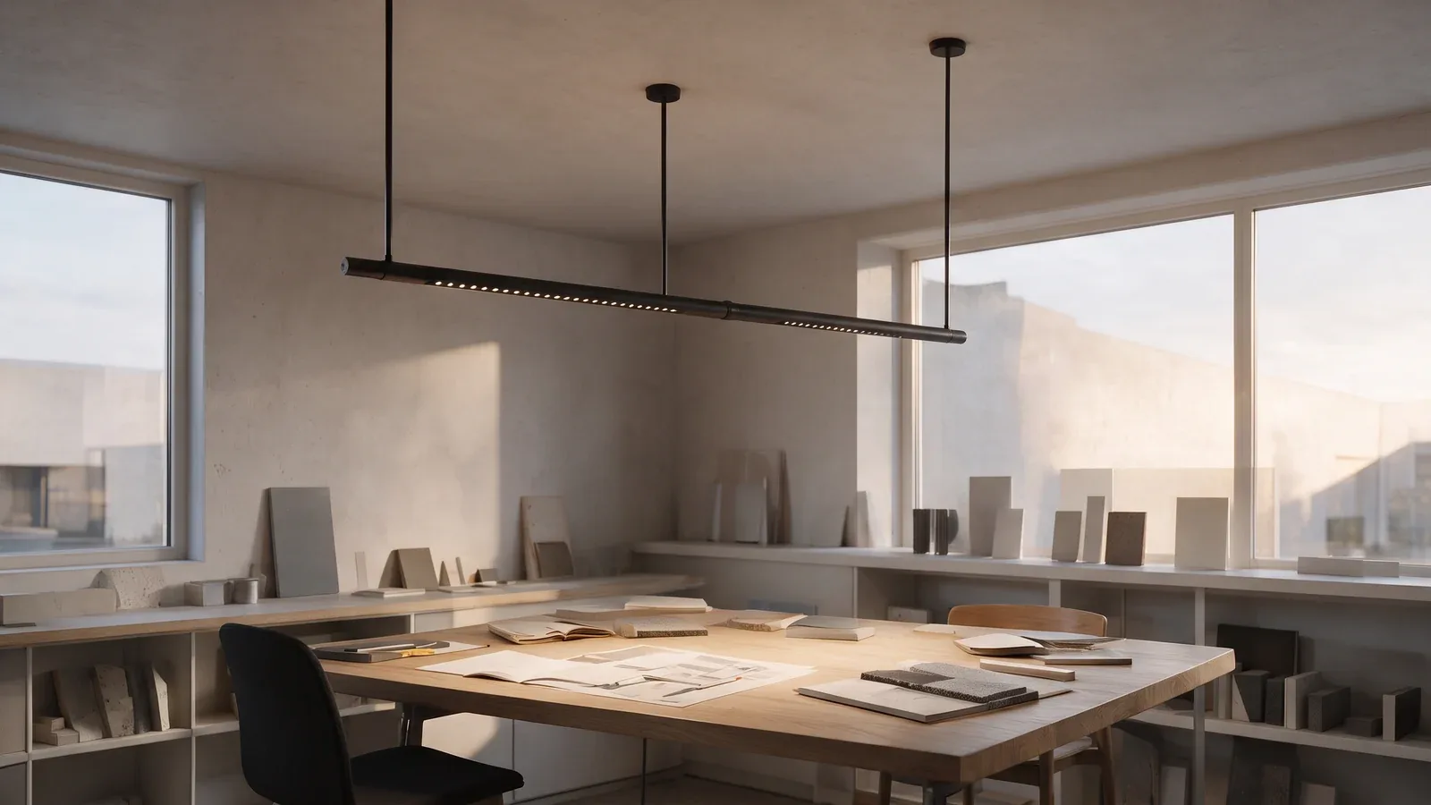 Grande table de travail dans un studio de design, éclairée par une ligne modulaire noire à supports verticaux rigides.