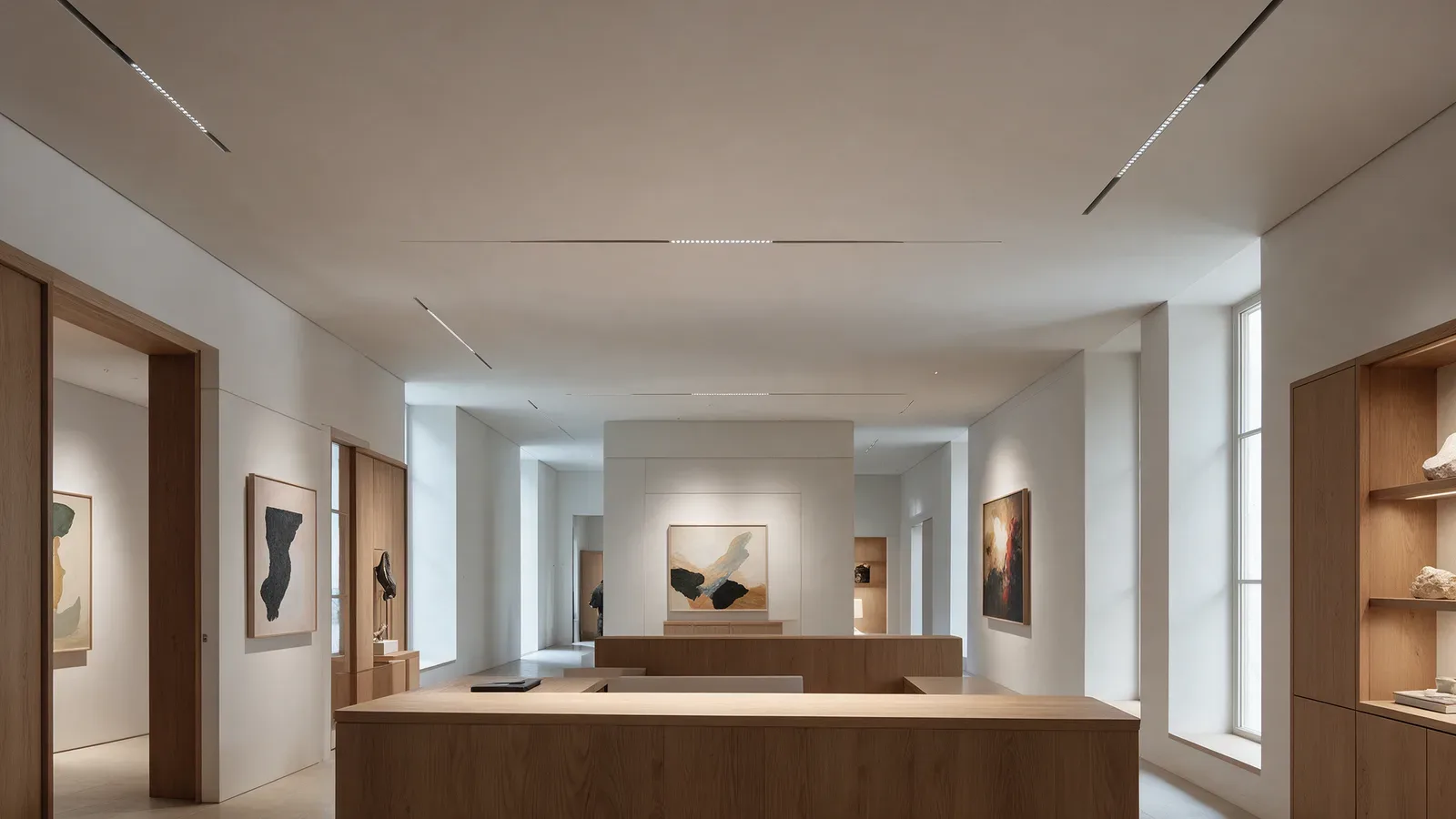 Galerie et accueil contemporains avec rails magnétiques encastrés, inserts linéaires et œuvres éclairées.