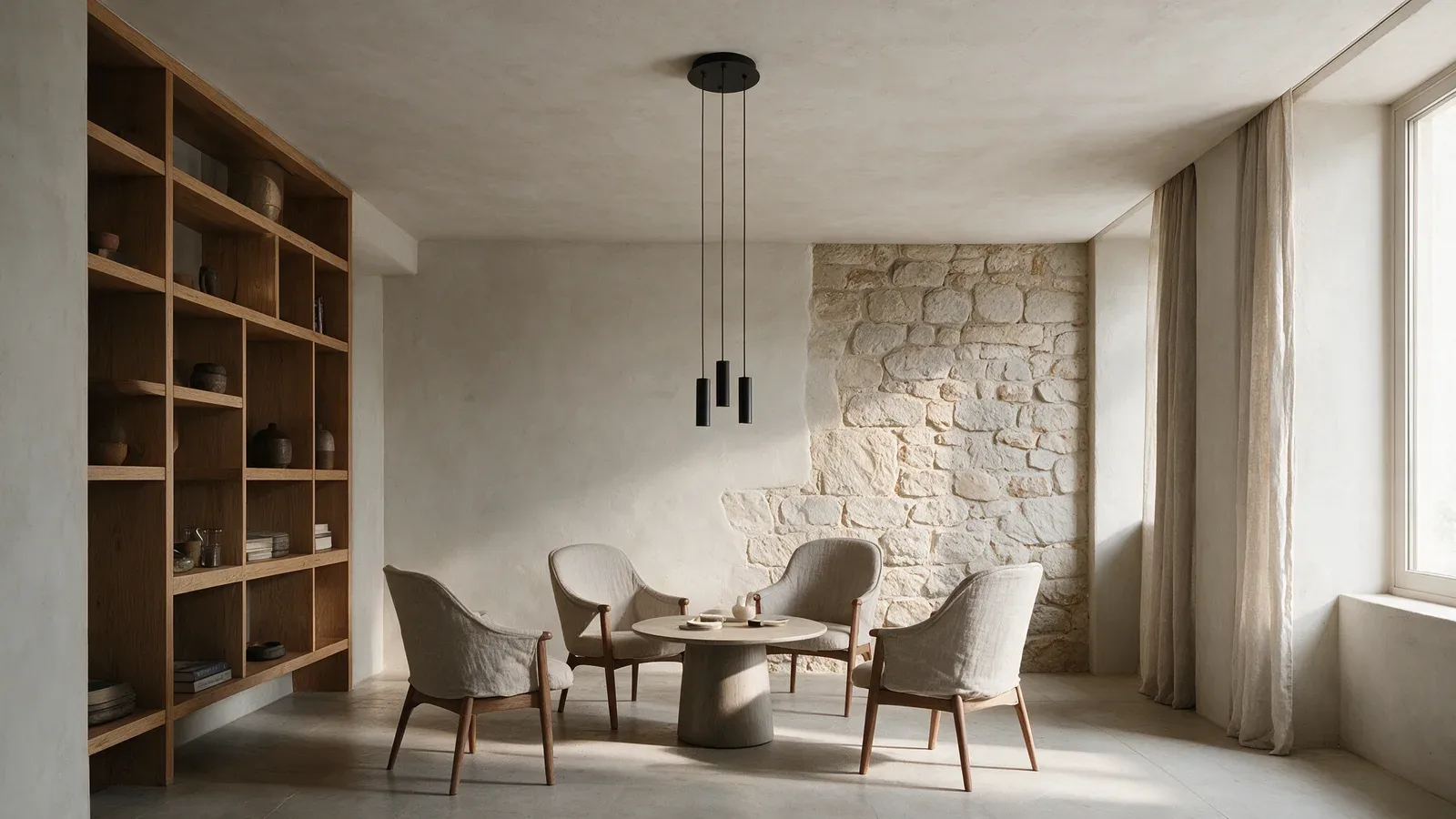 Espace lounge d’hôtel avec une base noire et trois suspensions cylindriques noires au-dessus d’une table ronde.